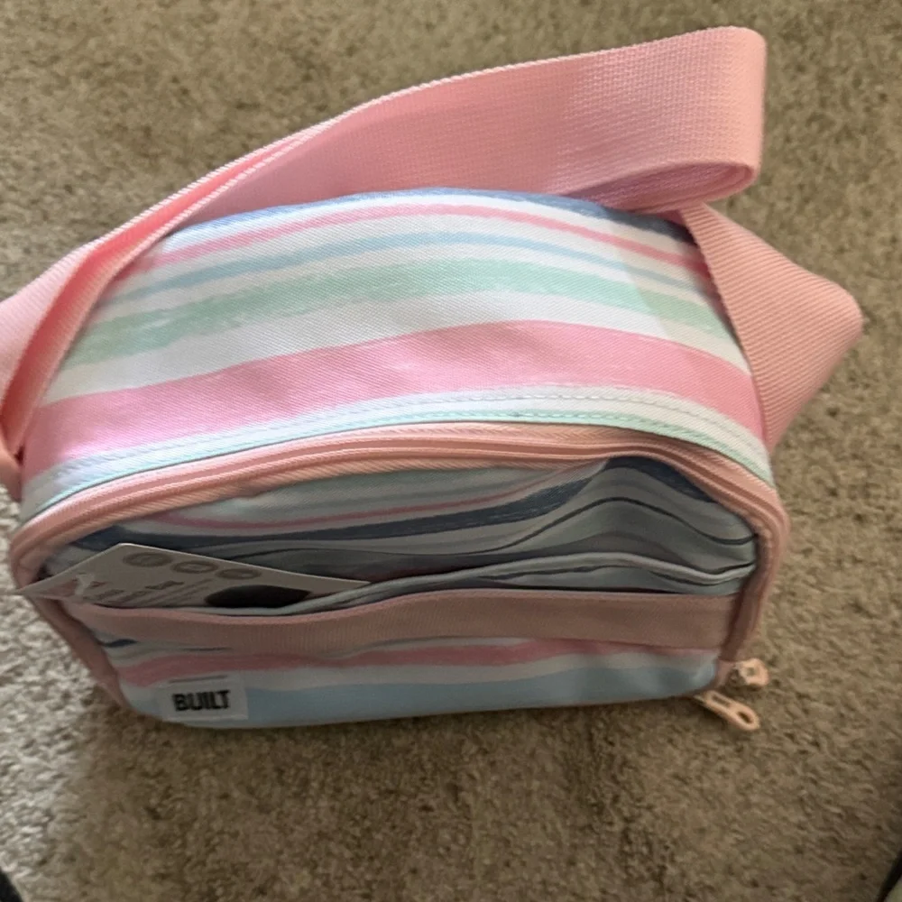 BUILT Pastel Striped Insulated Crossbody Lunch Bag with Pink Strap